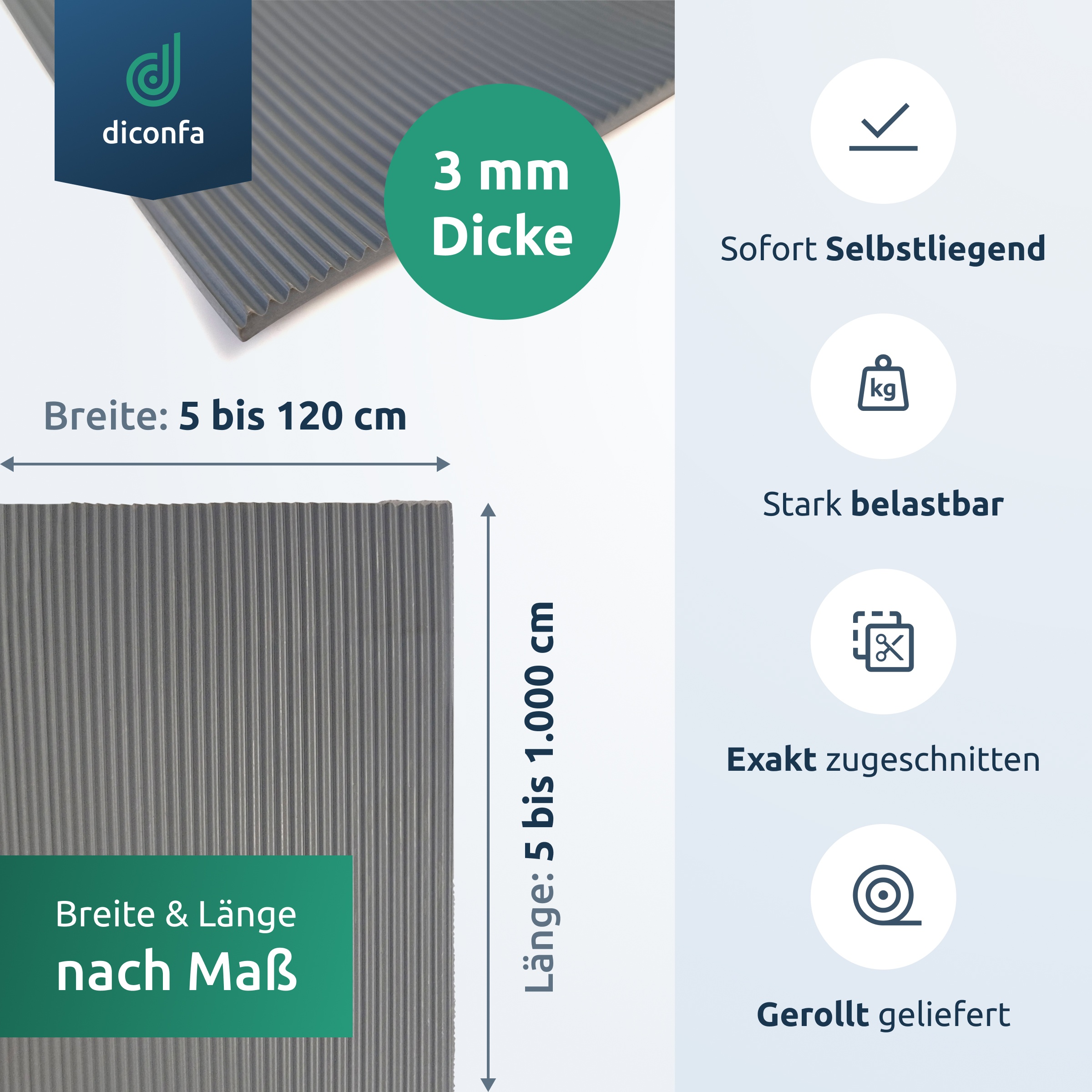 Feinriefenmatte Gummimatte 3mm stark grau nach Maß