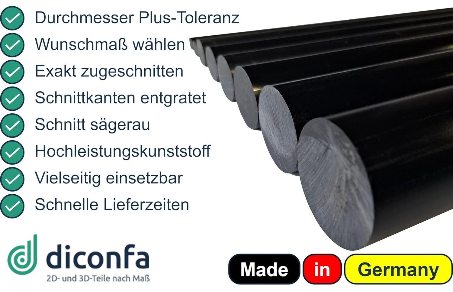 diconfa POM Rundstab schwarz NACH MAß - Durchmesser: 8 bis 120mm - Länge: 10mm bis 1000mm - Kunststoffstange Rundstock Rundmaterial - Privat Gewerbe Industrie Handwerk