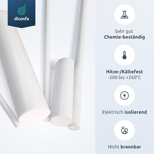 diconfa PTFE Teflon Rundstab AUF MAß Ø 5mm x 10mm - Ø: 5 bis 150mm - LÄNGE: 10 bis 1000mm - entgratet - Kunststoff-stange virginal glatt - für Chemie-Industrie Maschinenbau Behälterbau