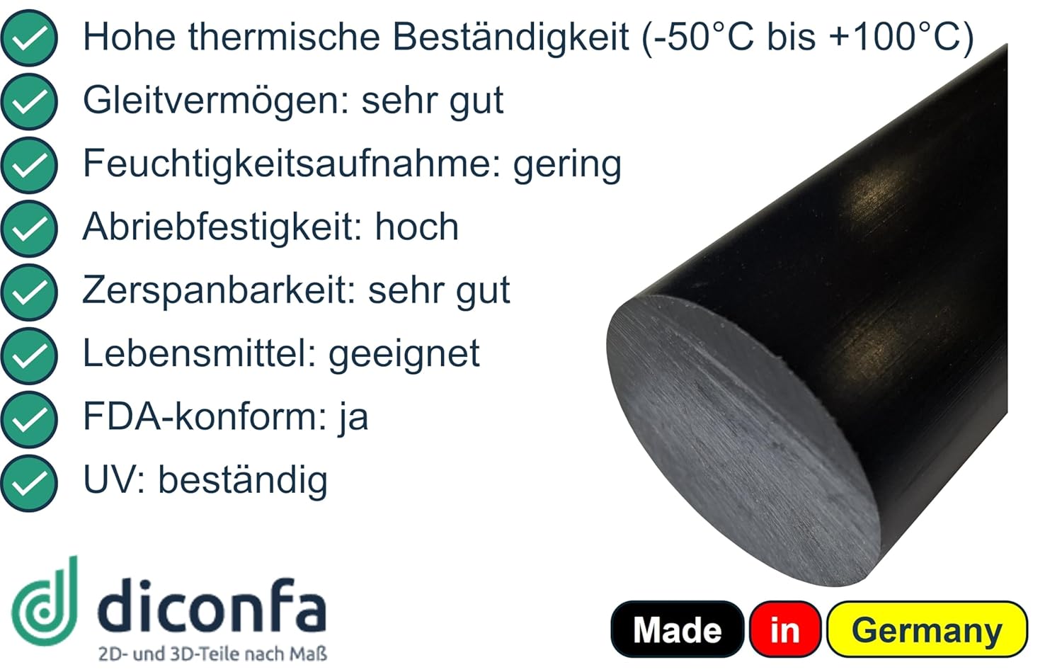 diconfa POM Rundstab schwarz NACH MAß - Durchmesser: 8 bis 120mm - Länge: 10mm bis 1000mm - Kunststoffstange Rundstock Rundmaterial - Privat Gewerbe Industrie Handwerk