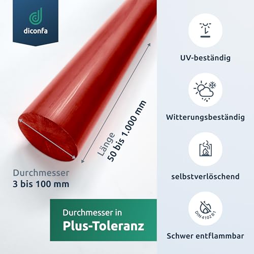 diconfa PVC Rundstab rot NACH Maß - Ø: 6 bis 100 mm - LÄNGE: 10 bis 1000 mm entgratet Kunststoffstange - Hart Vollmaterial Rund-stock robust langlebig