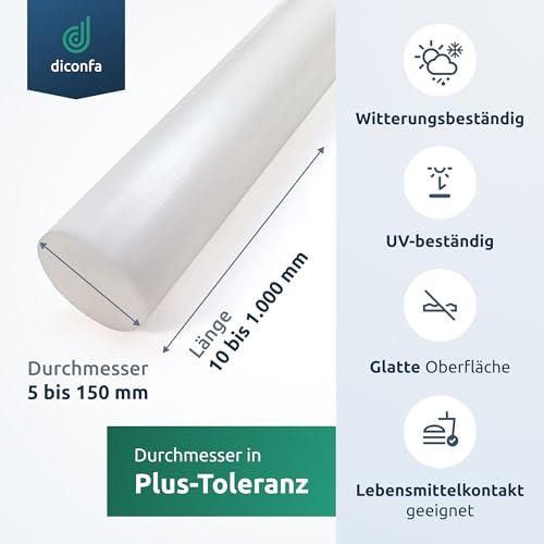 diconfa PTFE Teflon Rundstab AUF MAß Ø 5mm x 10mm - Ø: 5 bis 150mm - LÄNGE: 10 bis 1000mm - entgratet - Kunststoff-stange virginal glatt - für Chemie-Industrie Maschinenbau Behälterbau