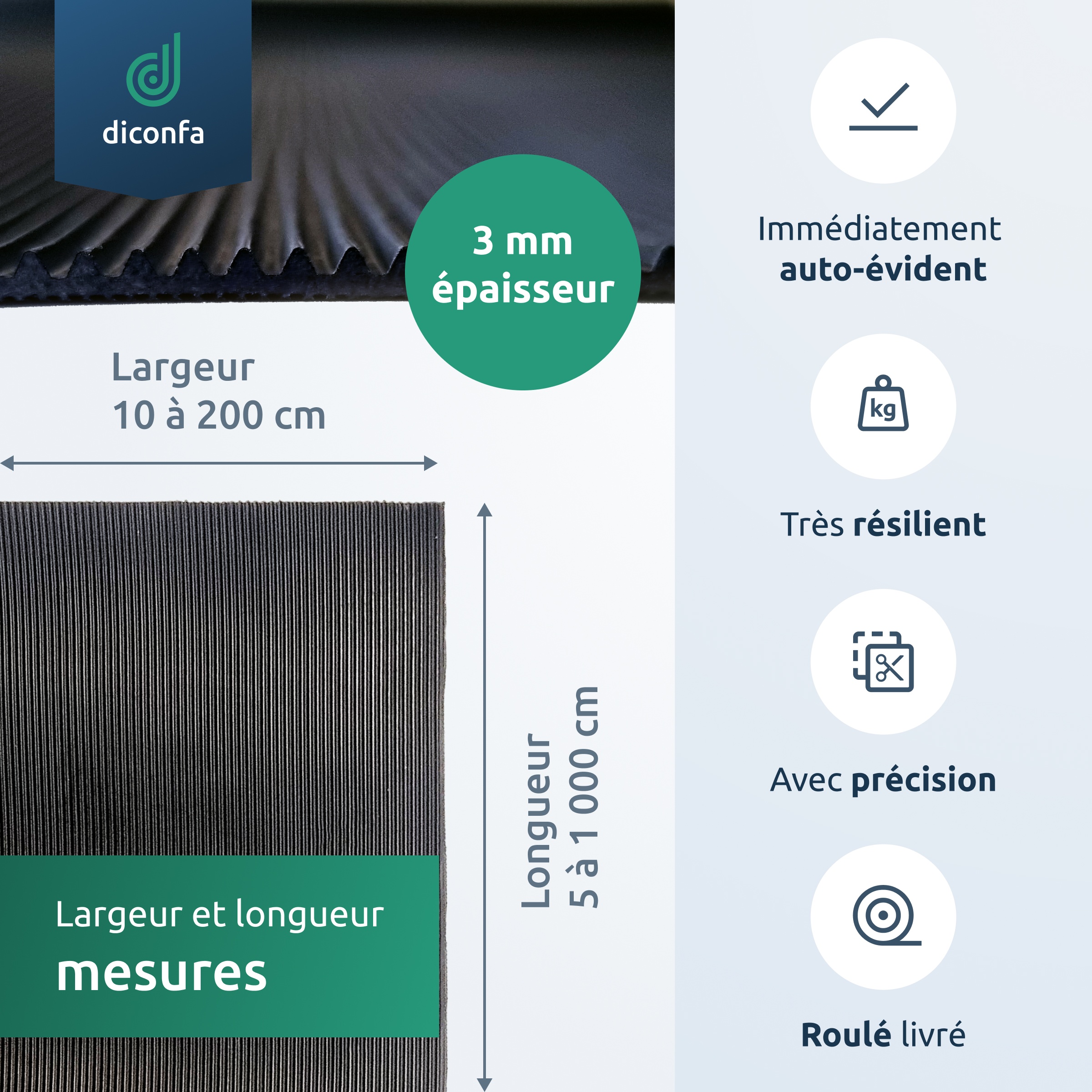 Tapis à fines rainures diconfa Tapis en caoutchouc 3 mm d'épaisseur gris sur mesure
