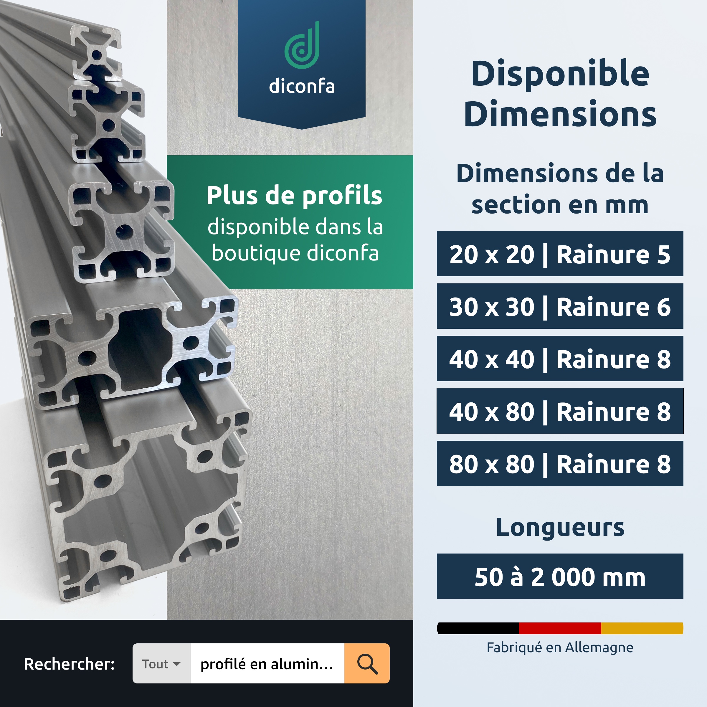 Profilé en aluminium sur mesure en différentes tailles