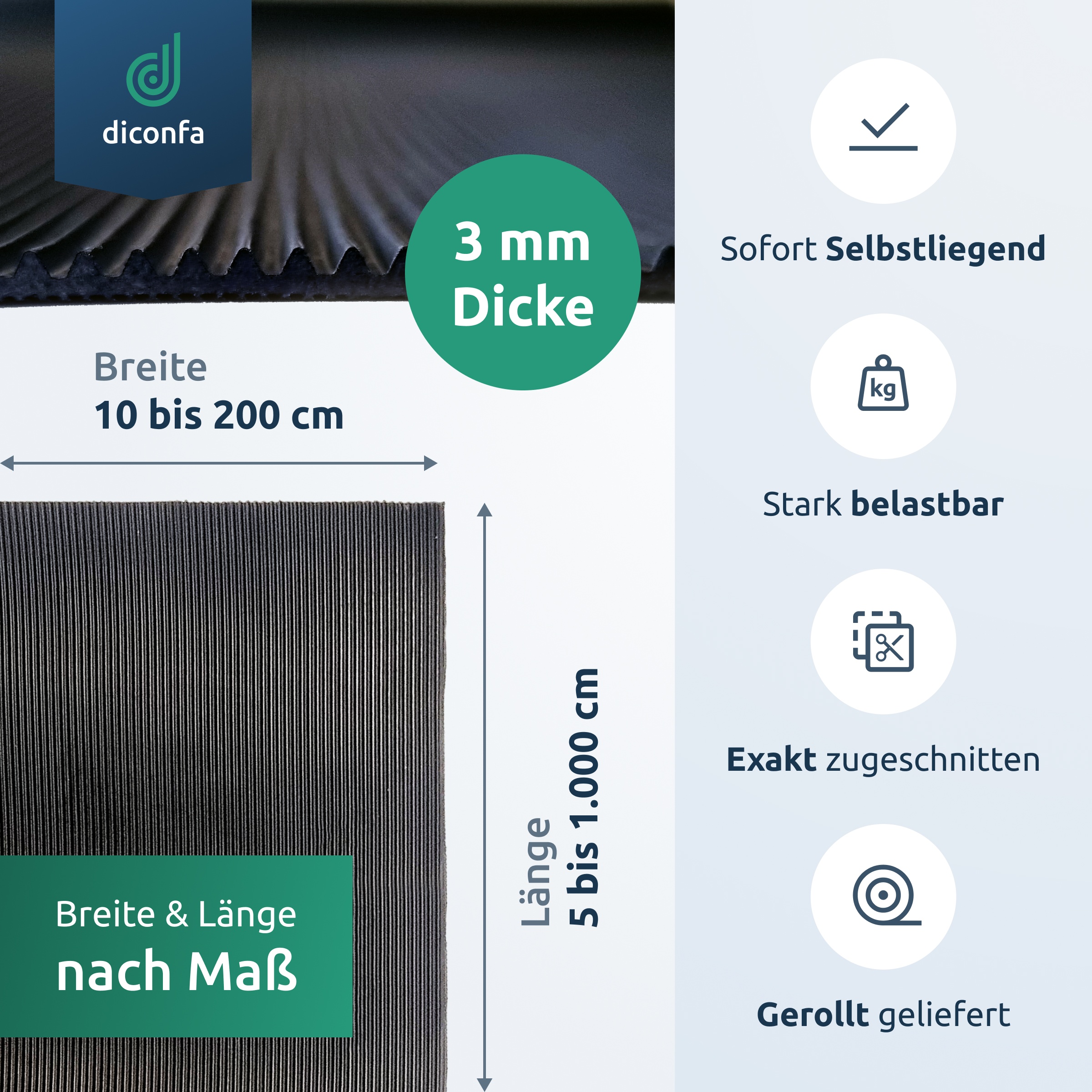 diconfa Feinriefenmatte Gummimatte 3mm stark nach Maß