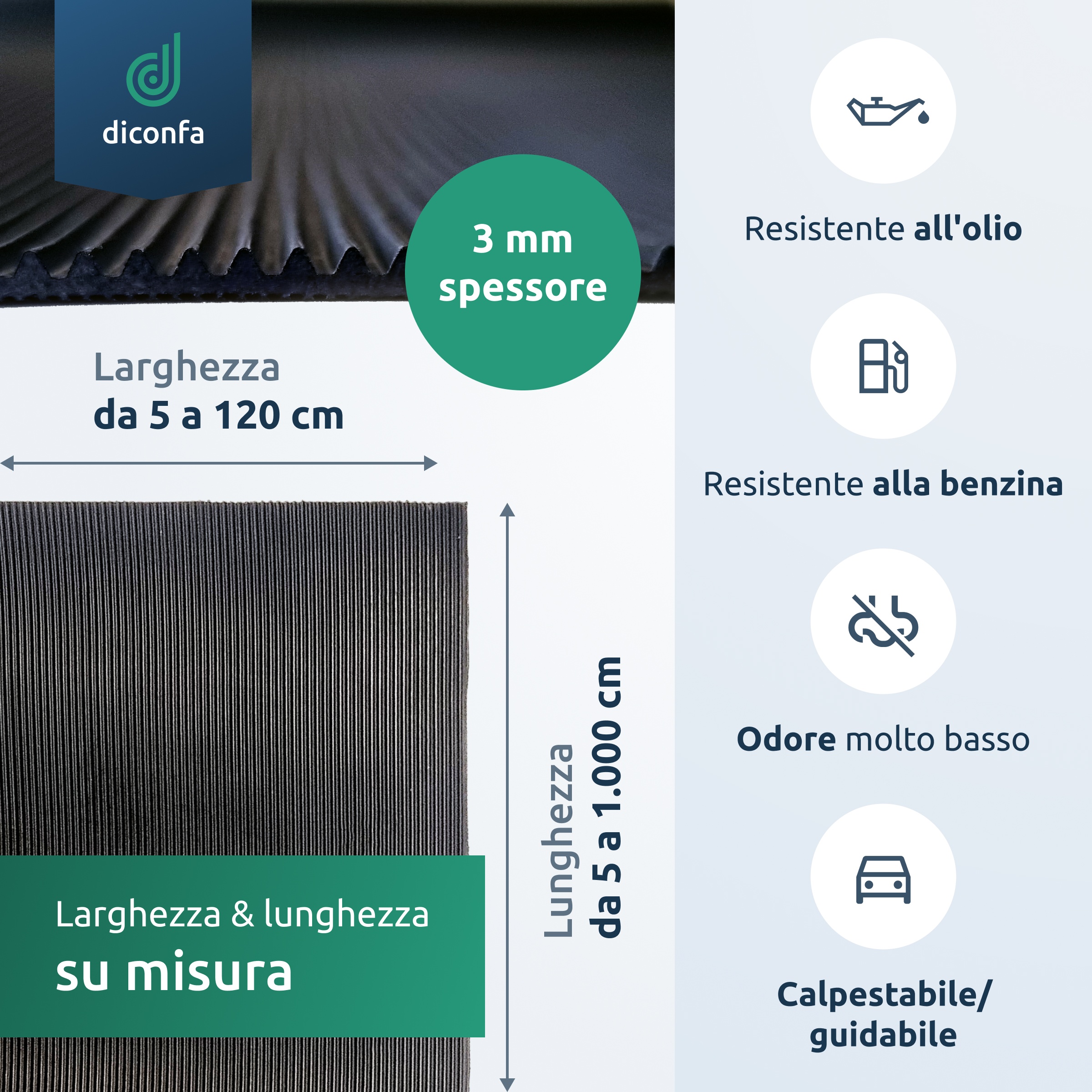 Tappetino a righe fini resistente all'olio, spessore 3 mm, su misura