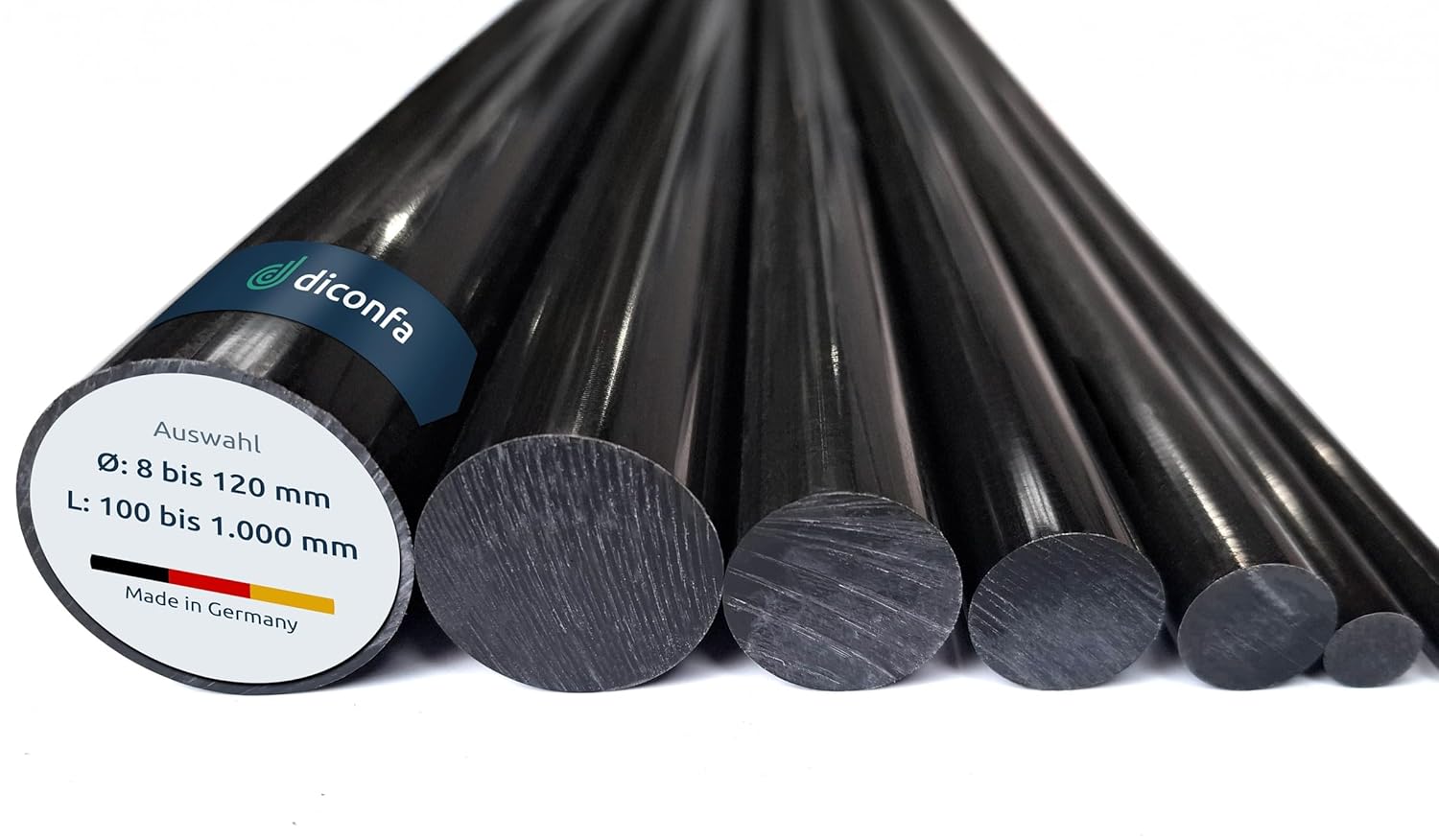 diconfa POM Rundstab schwarz NACH MAß - Durchmesser: 8 bis 120mm - Länge: 10mm bis 1000mm - Kunststoffstange Rundstock Rundmaterial - Privat Gewerbe Industrie Handwerk