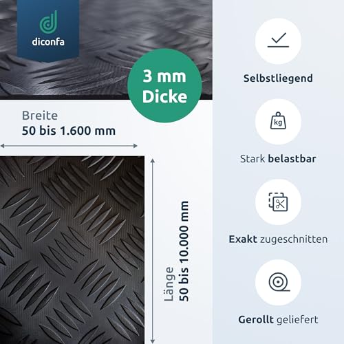 diconfa Gummi-Matte Hammerschlag-Matte 3mm stark - BREITE 0,05m bis 1,6m - LÄNGE 0,05m bis 10m - Auswahl 10 x 5cm (100 x 50mm) - UV-stabil geruchsarm rutschfest Riffelblechmatte Riffelmatte