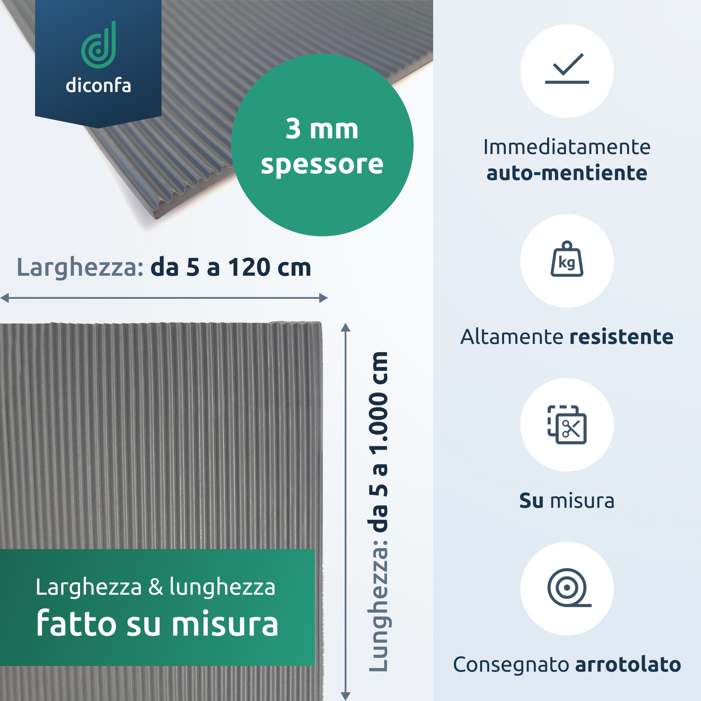 Tappetino in gomma a righe fini 3mm di spessore grigio su misura