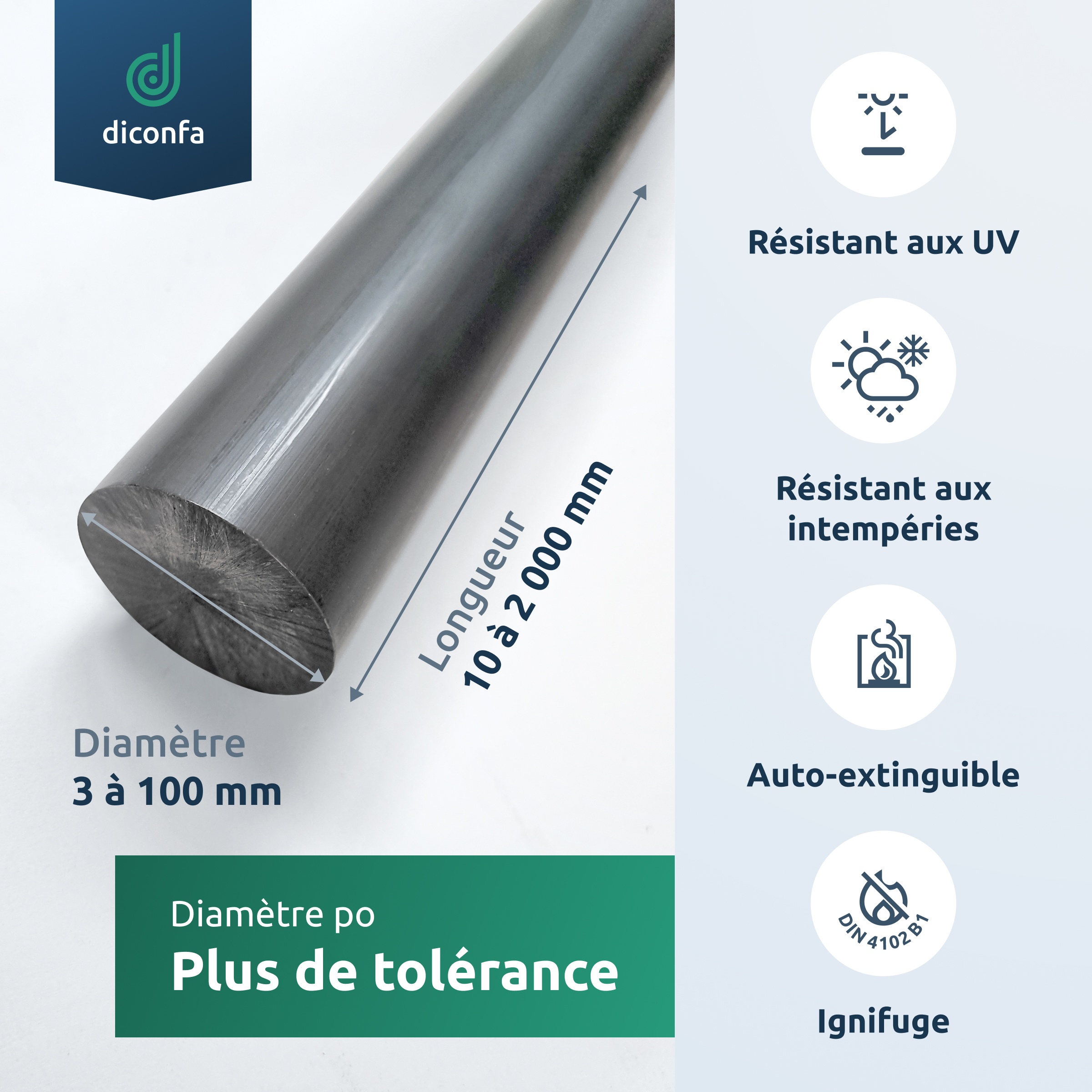 Barre ronde en PVC rigide diconfa gris foncé sur mesure