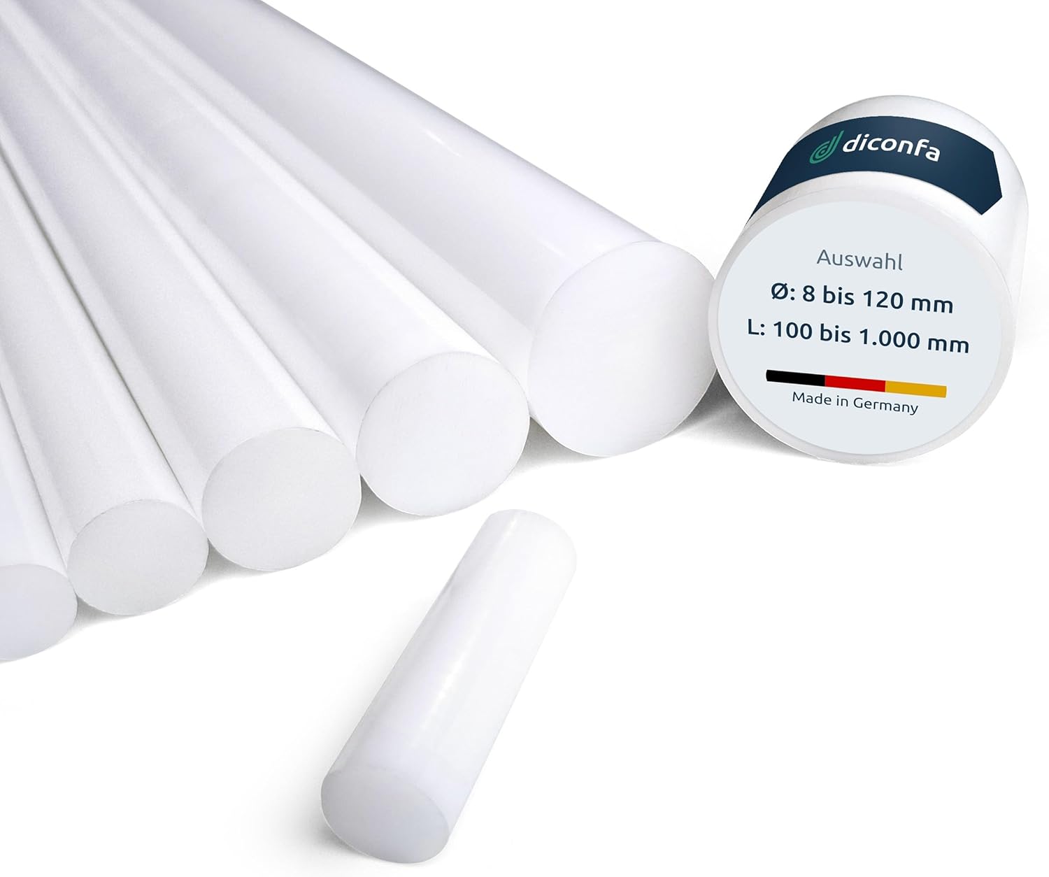 diconfa POM Rundstab natur NACH Maß - Durchmesser 8 bis 200mm - Länge: 10 bis 1000mm - Kunststoffstange Rundstock Rundmaterial weiß - Privat Gewerbe Industrie Handwerk