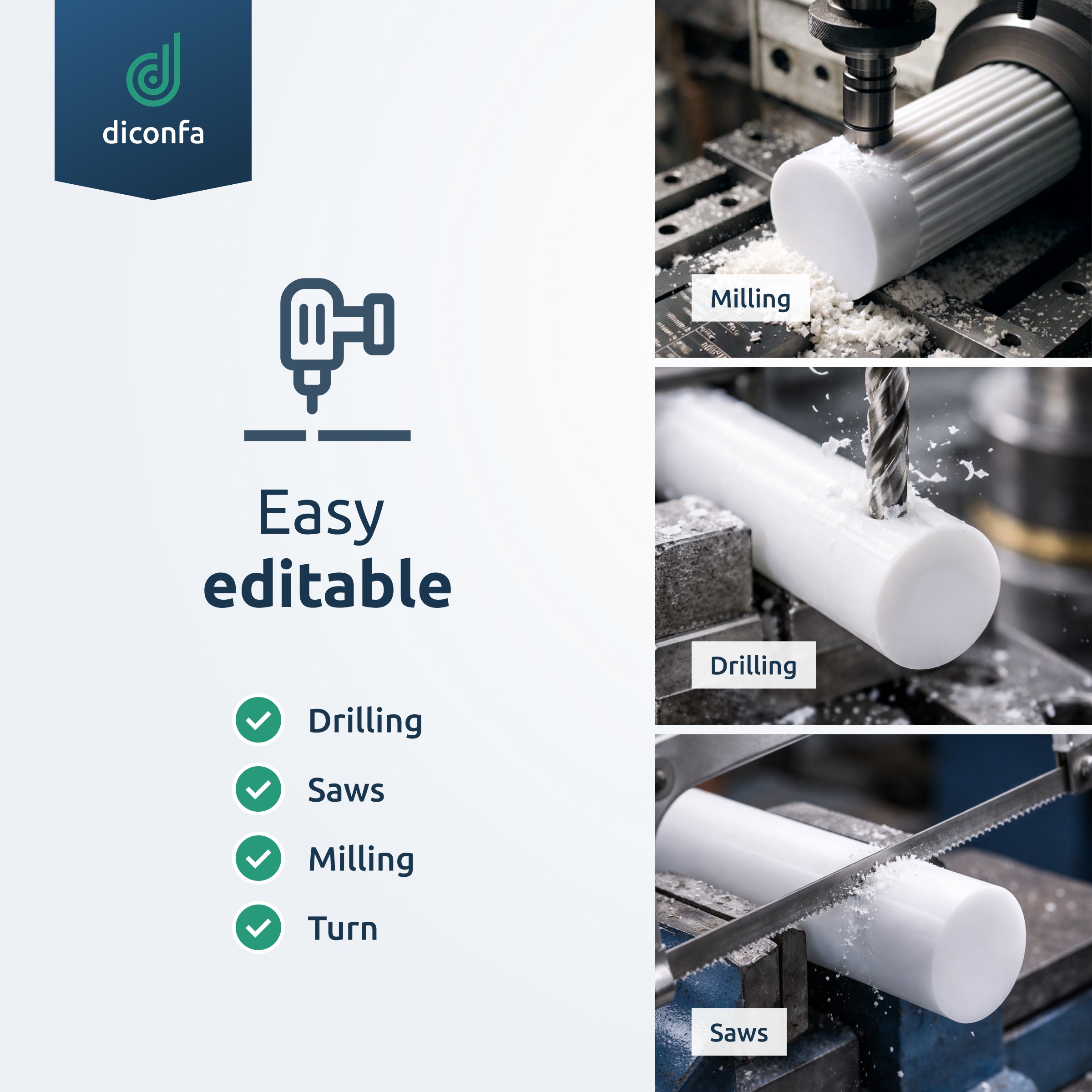 diconfa PTFE Teflon round rod made to measure
