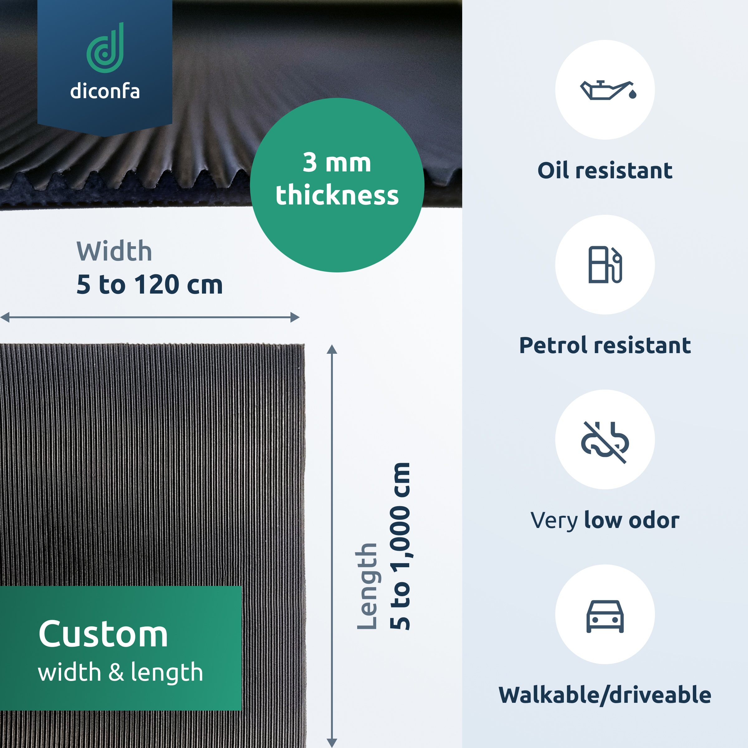 OIL-RESISTANT fine-ribbed mat, 3 mm thick, made to measure