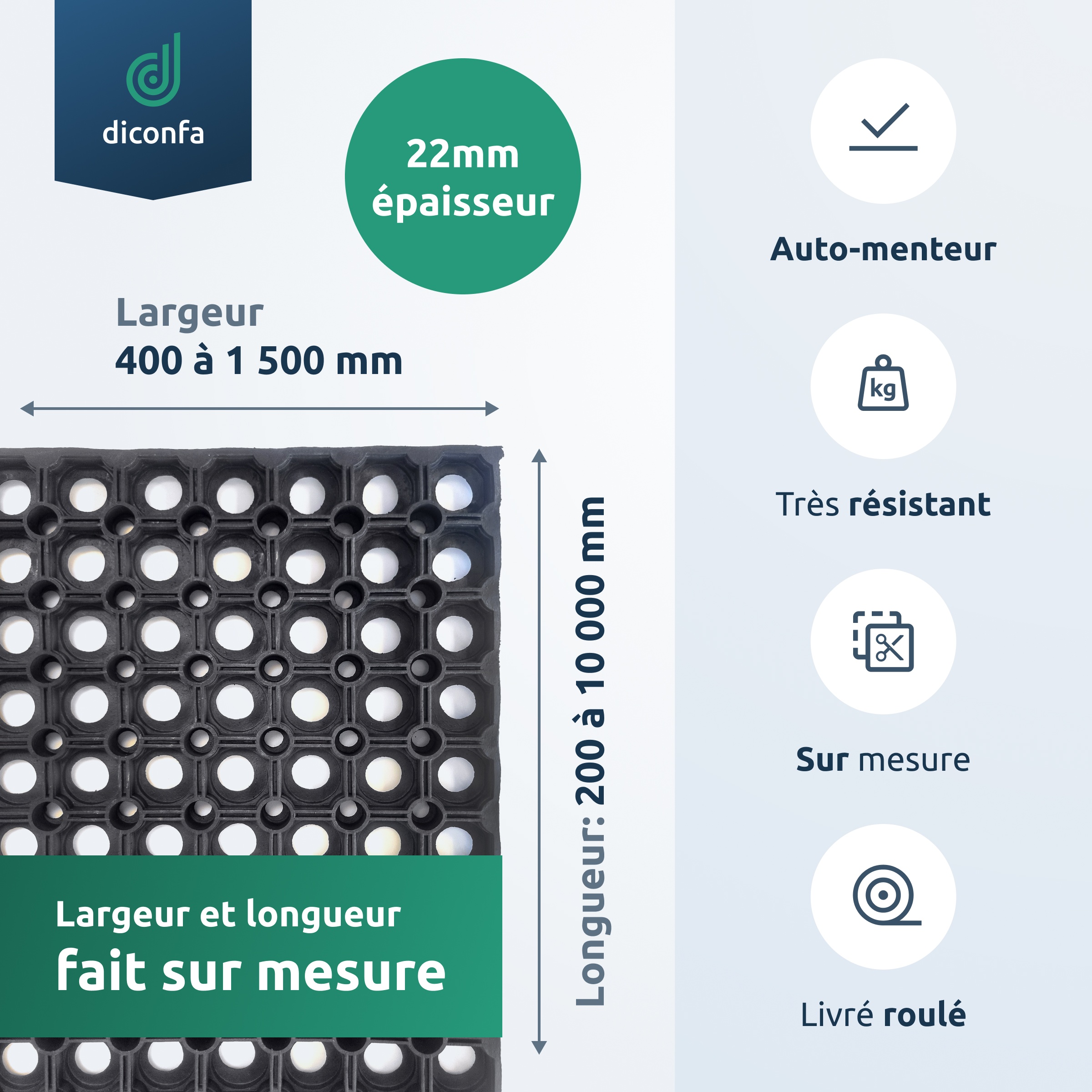 Tapis en caoutchouc diconfa, épaisseur 22 mm, sur mesure