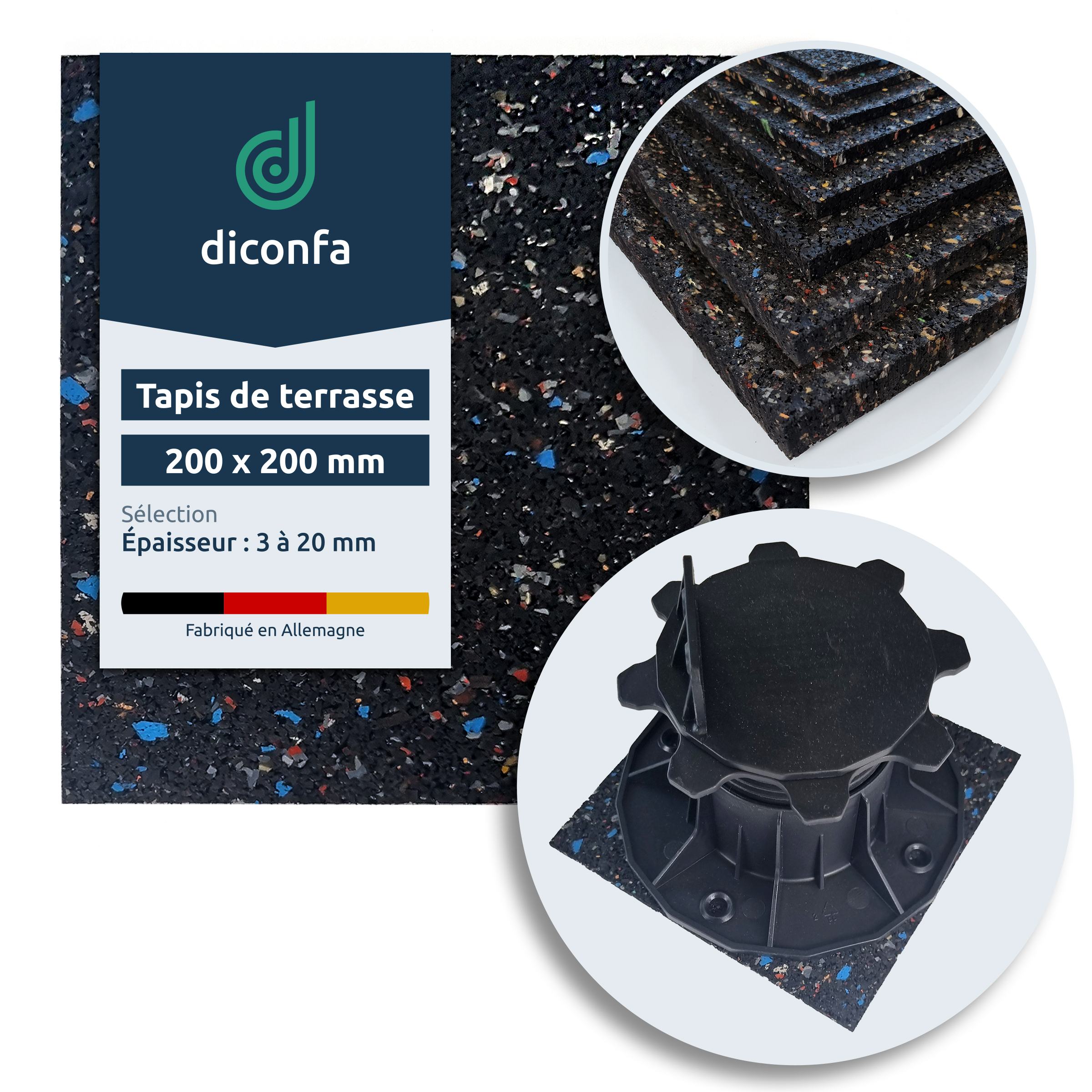 coussinets de terrasse en granulé de caoutchouc 200 x 200 mm