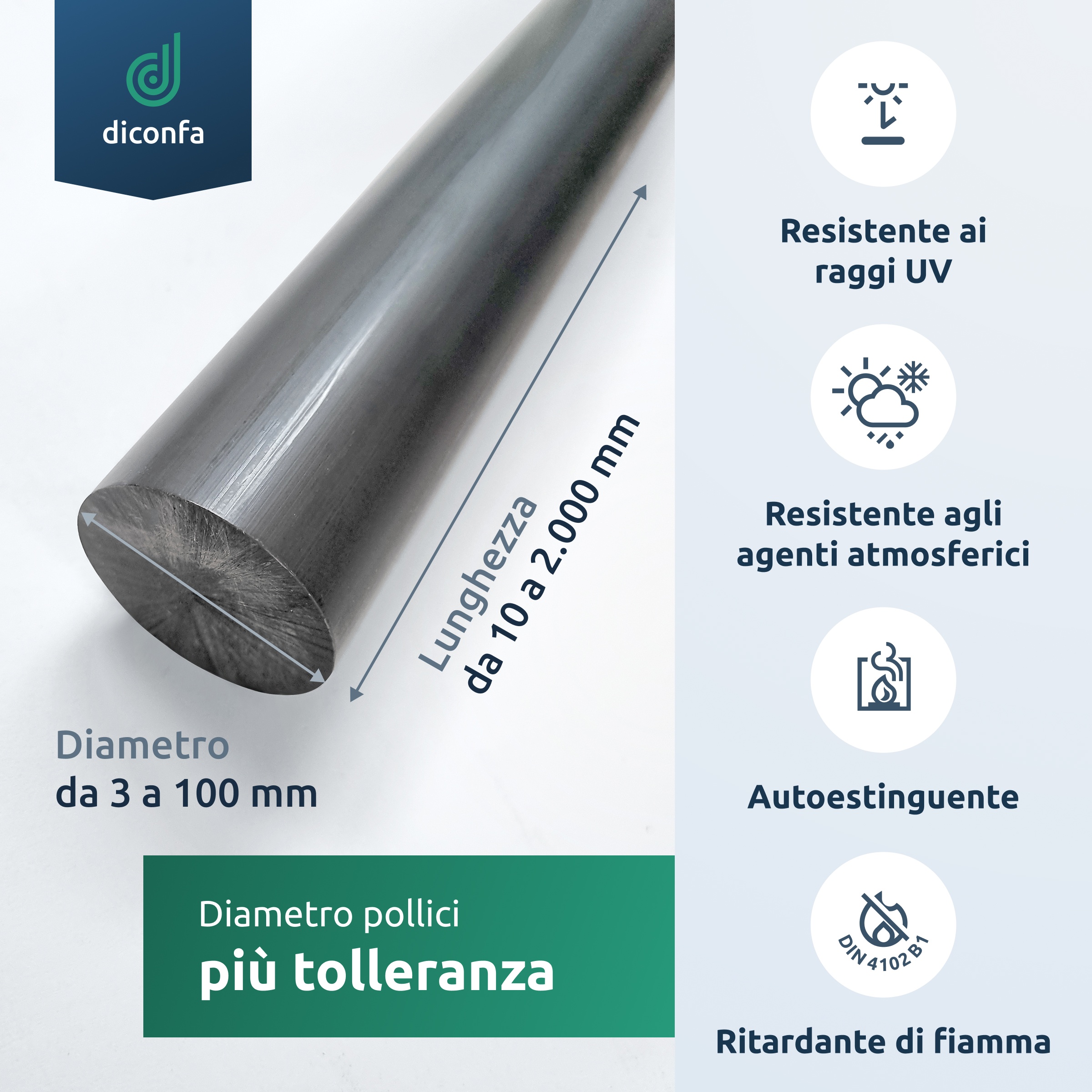 Barra tonda in PVC rigido grigio scuro su misura