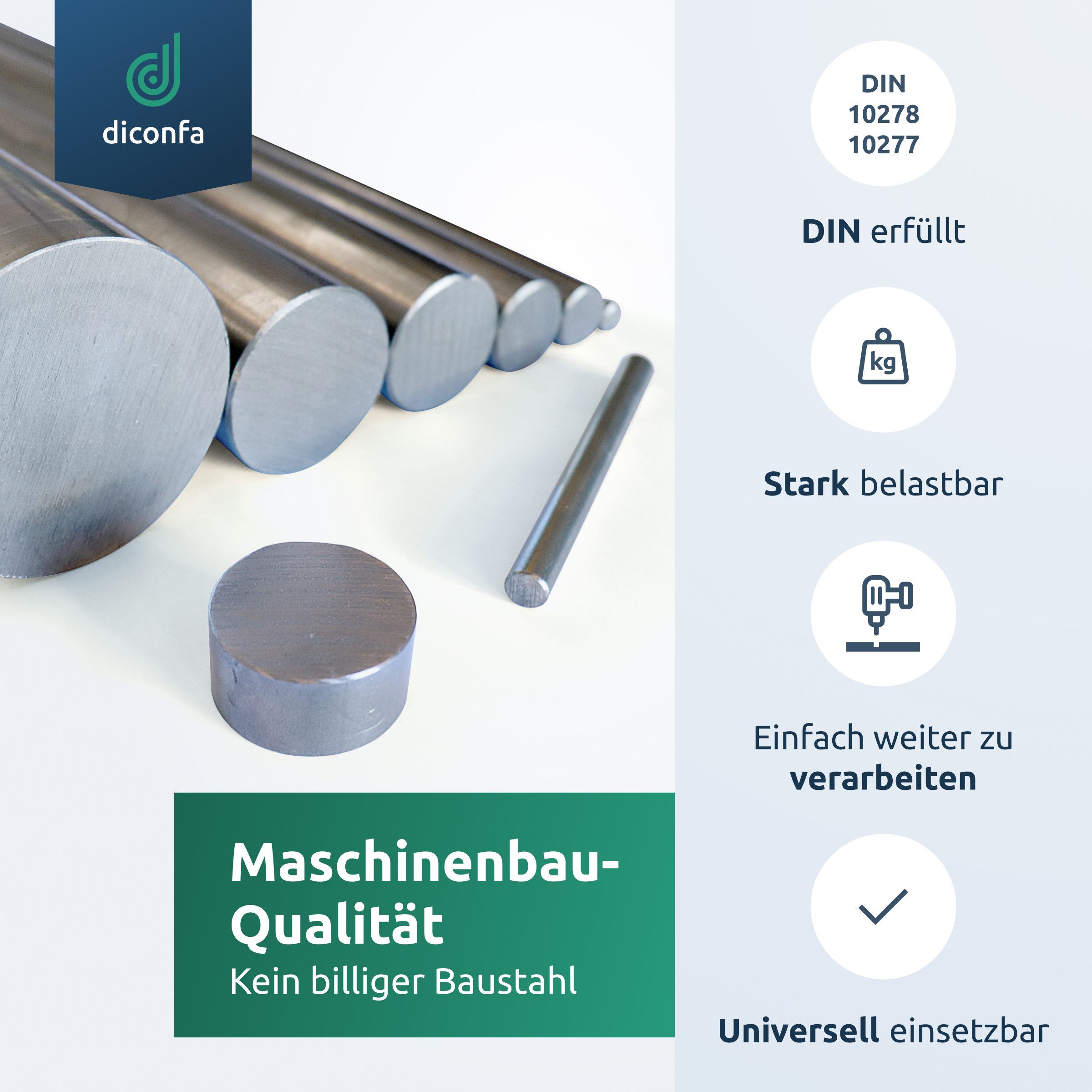 diconfa Rundstahl S355 J2+C - DURCHMESSER 6mm bis 100mm - LÄNGE 10mm bis 2000mm