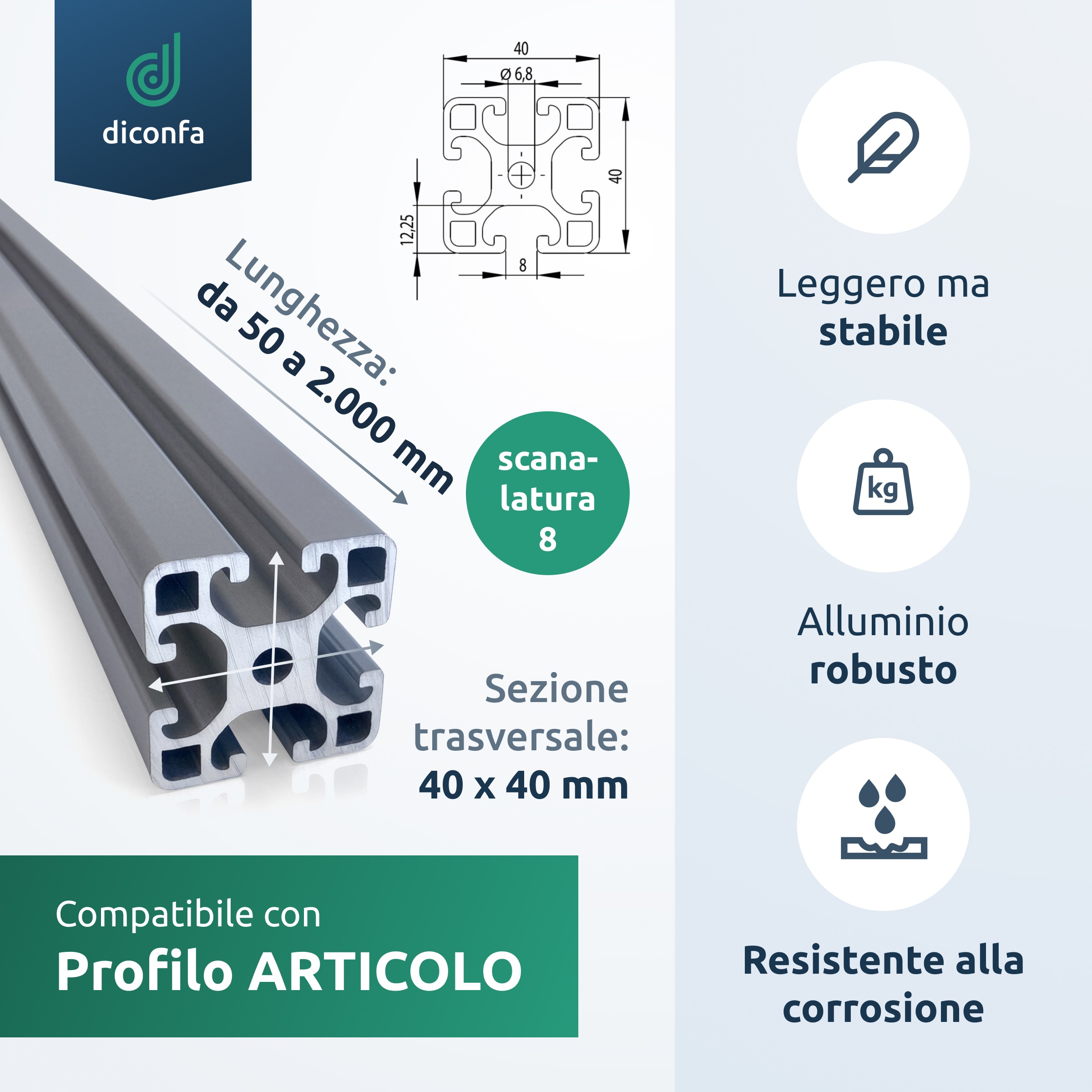 Profilo in alluminio su misura in diverse dimensioni