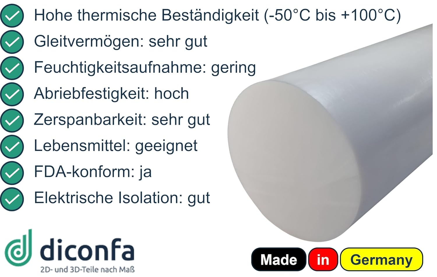 diconfa POM Rundstab natur NACH Maß - Durchmesser 8 bis 200mm - Länge: 10 bis 1000mm - Kunststoffstange Rundstock Rundmaterial weiß - Privat Gewerbe Industrie Handwerk