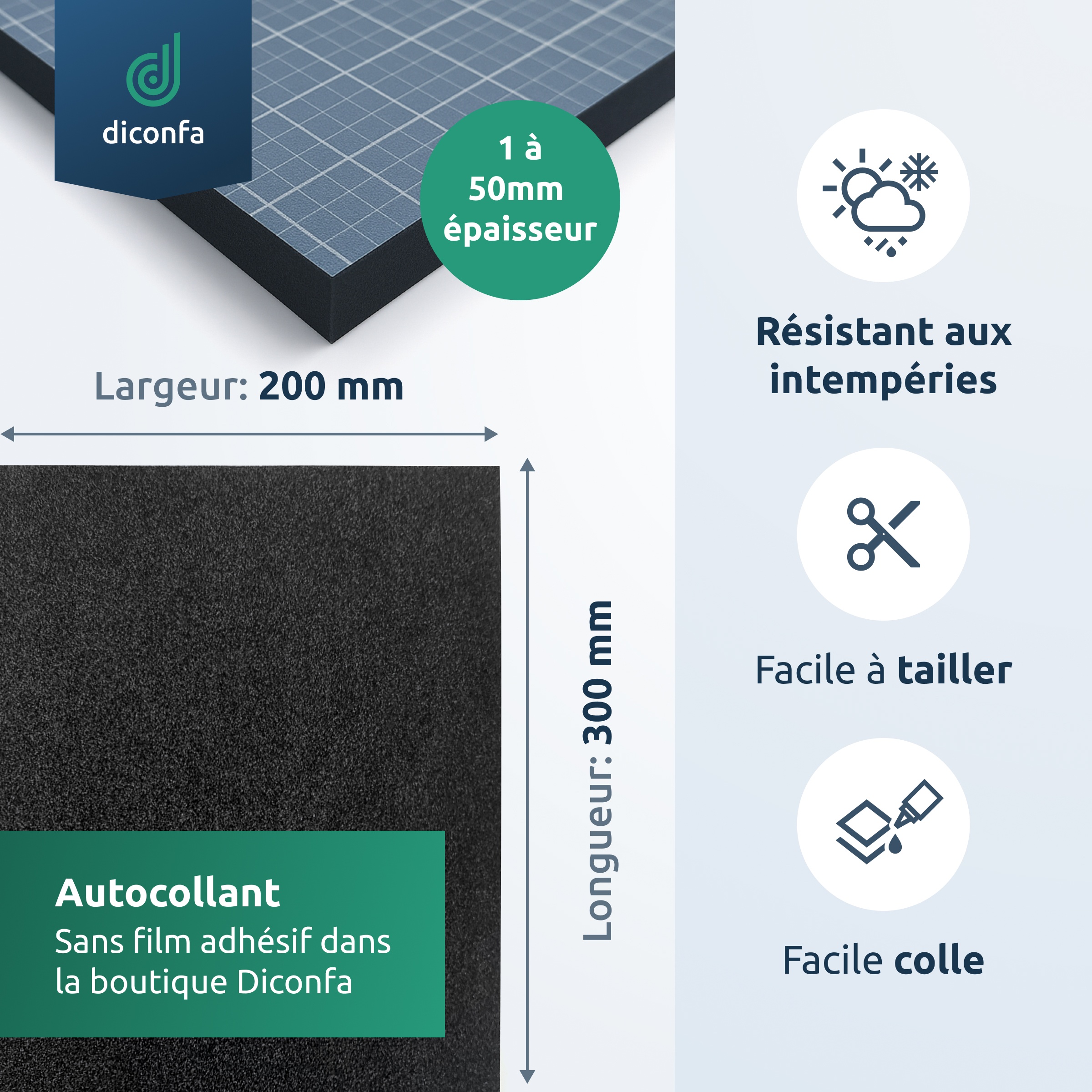 diconfa plaque de mousse en caoutchouc cellulaire EPDM env. DIN A4 – autocollante