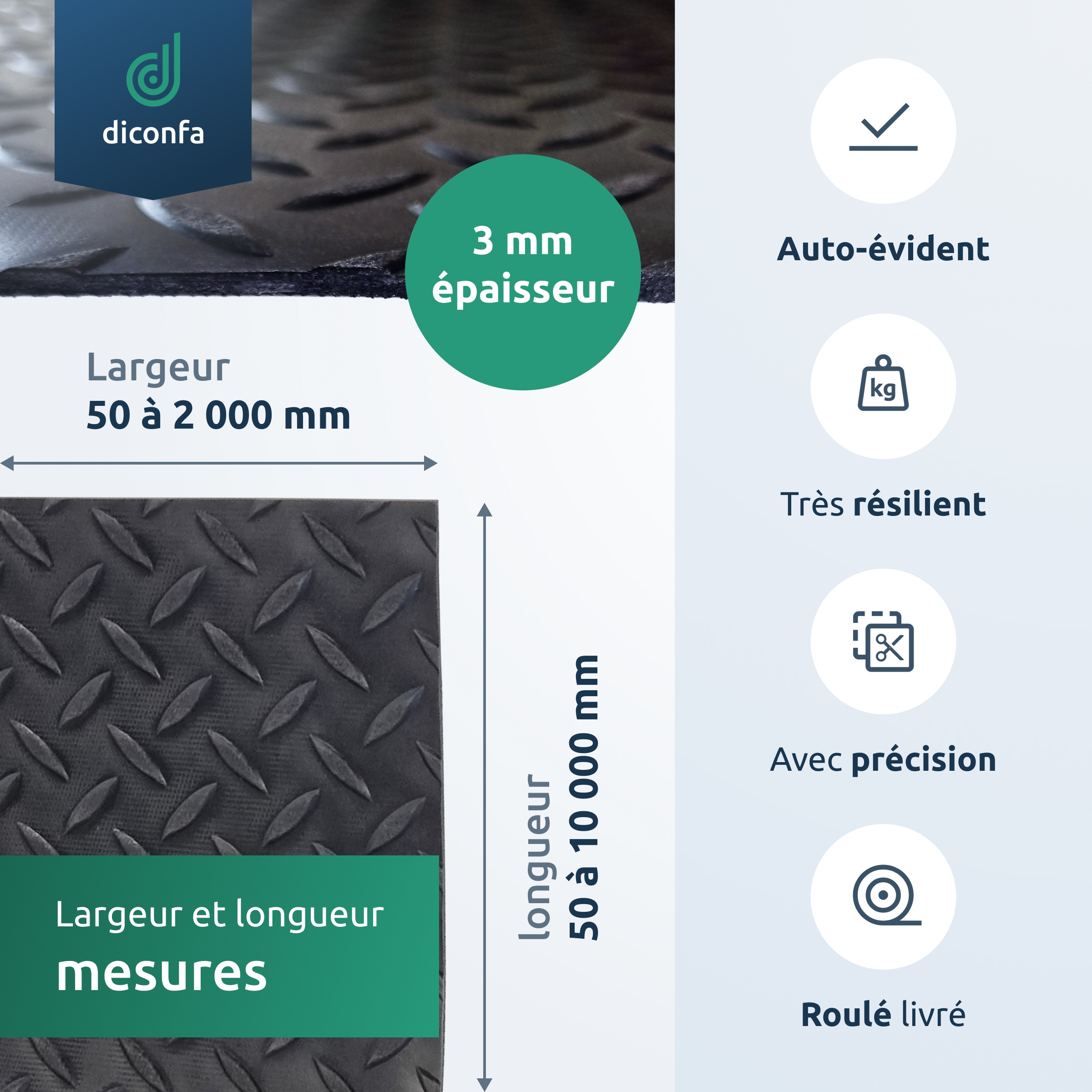 Tapis en caoutchouc diconfa Diamant Tôle larmée 3 mm d'épaisseur