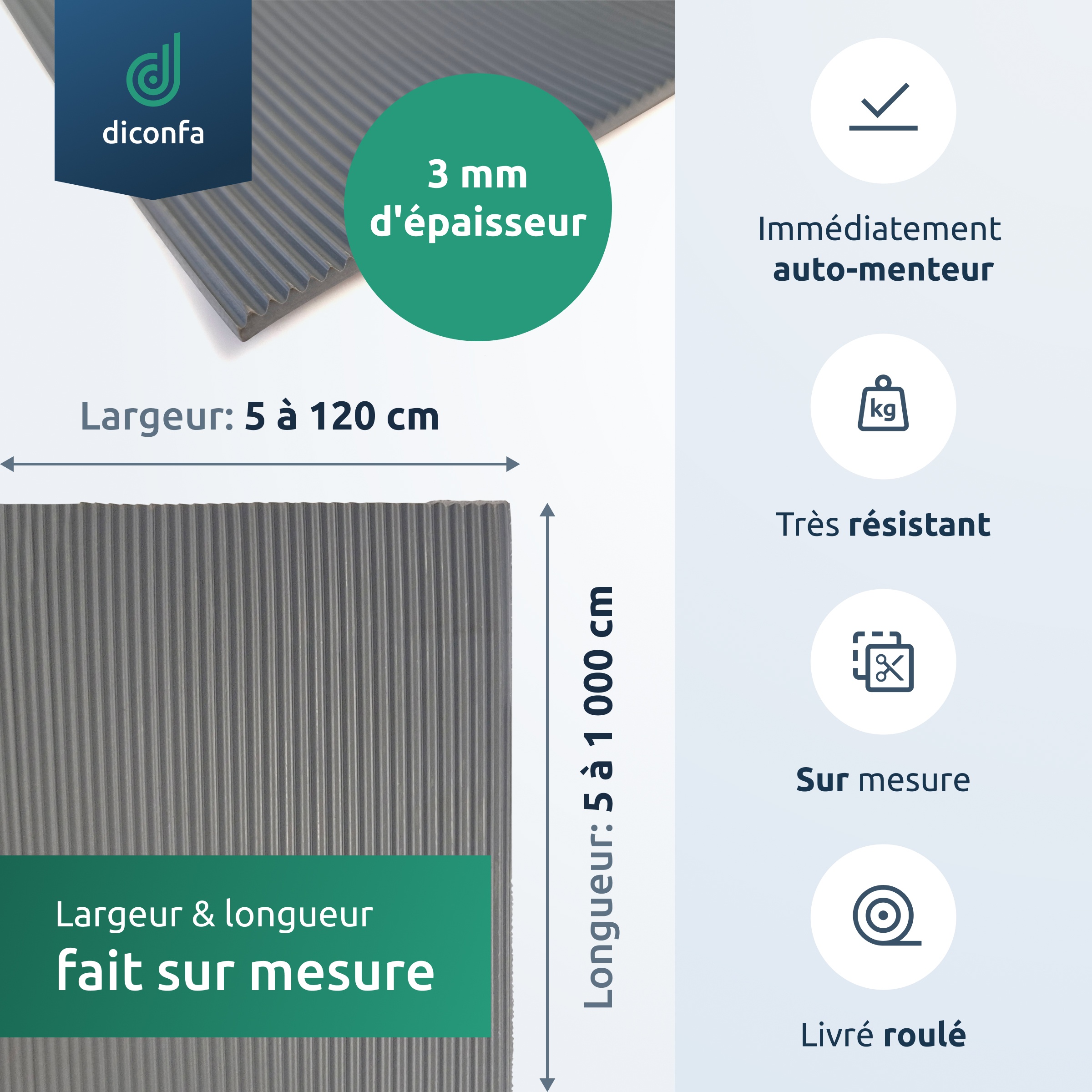 Tapis à fines rainures diconfa Tapis en caoutchouc 3 mm d'épaisseur gris sur mesure