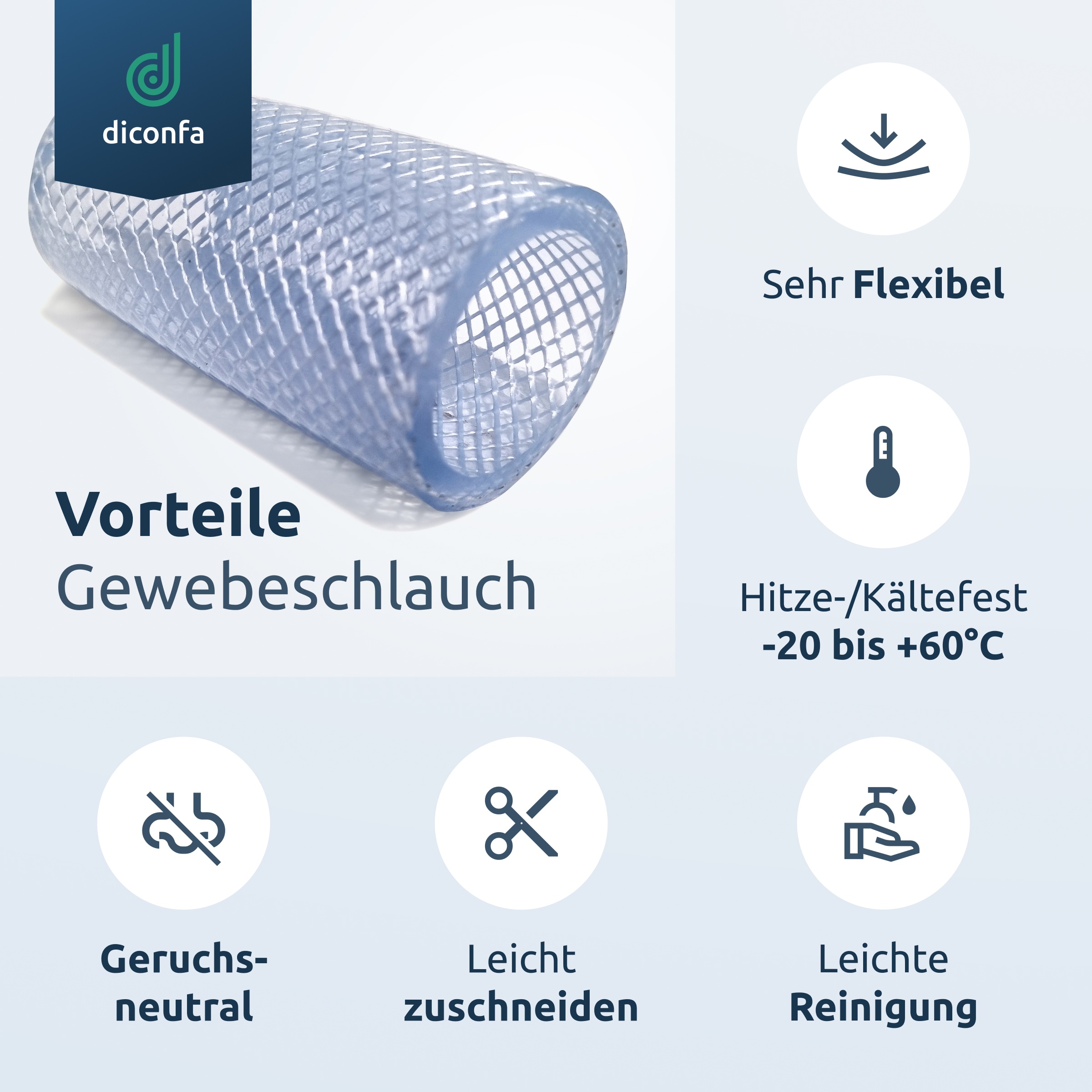 diconfa Gewebeschlauch geruchsneutral, leicht zu schneiden,n, sehr flexibel, Hitze- /Kältefest, leichte Reinigung