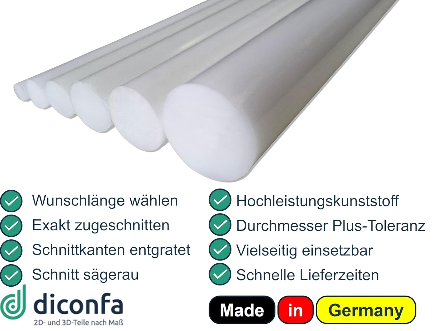 diconfa POM Rundstab natur NACH Maß - Durchmesser 8 bis 200mm - Länge: 10 bis 1000mm - Kunststoffstange Rundstock Rundmaterial weiß - Privat Gewerbe Industrie Handwerk