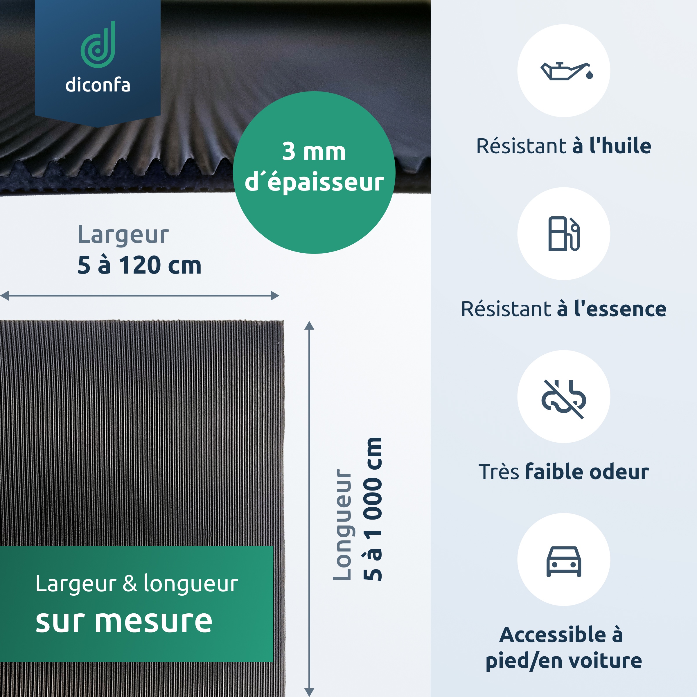 Tapis à fines rainures résistant à l'huile diconfa, épaisseur 3 mm, sur mesure