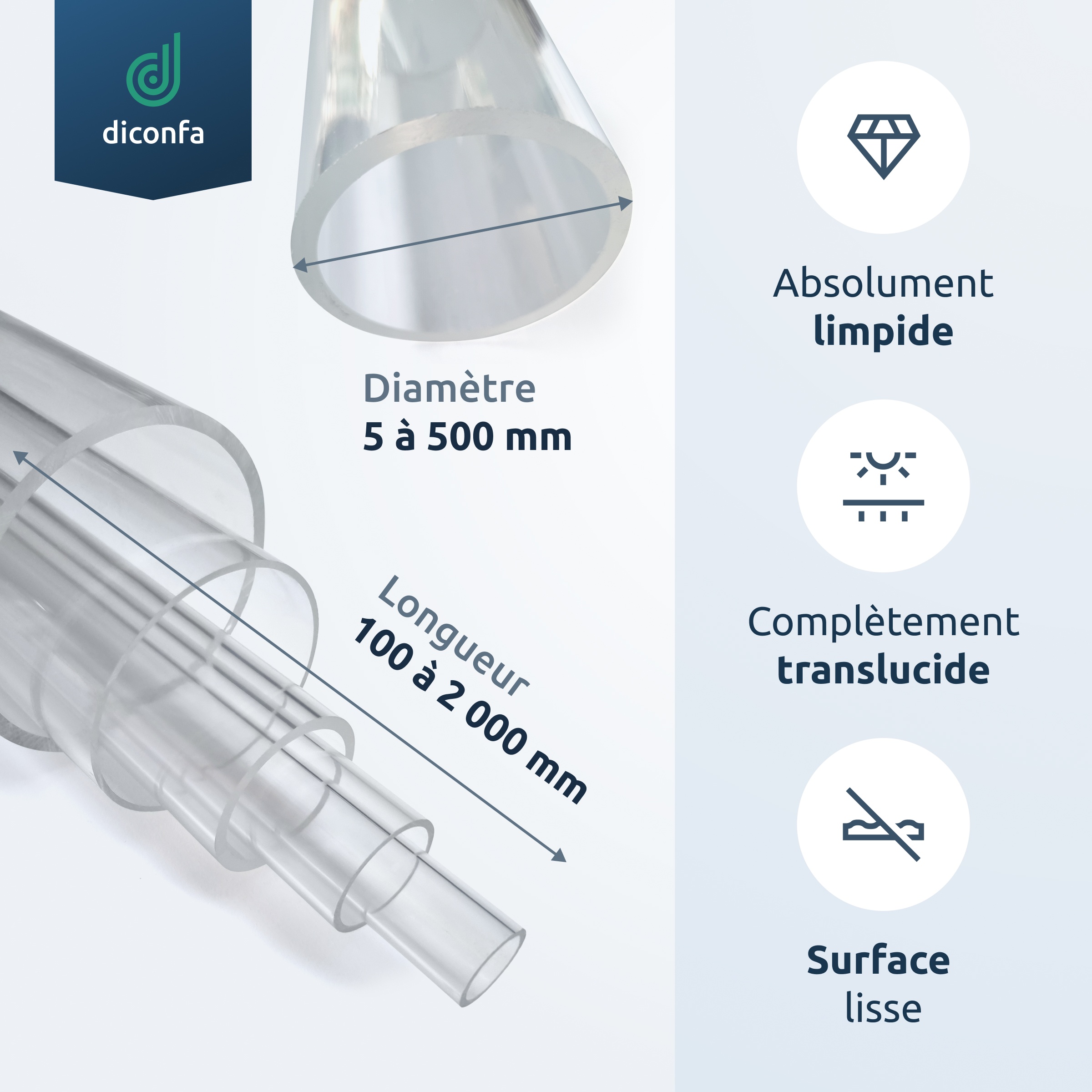 Tuyau en plastique acrylique diconfa transparent sur mesure