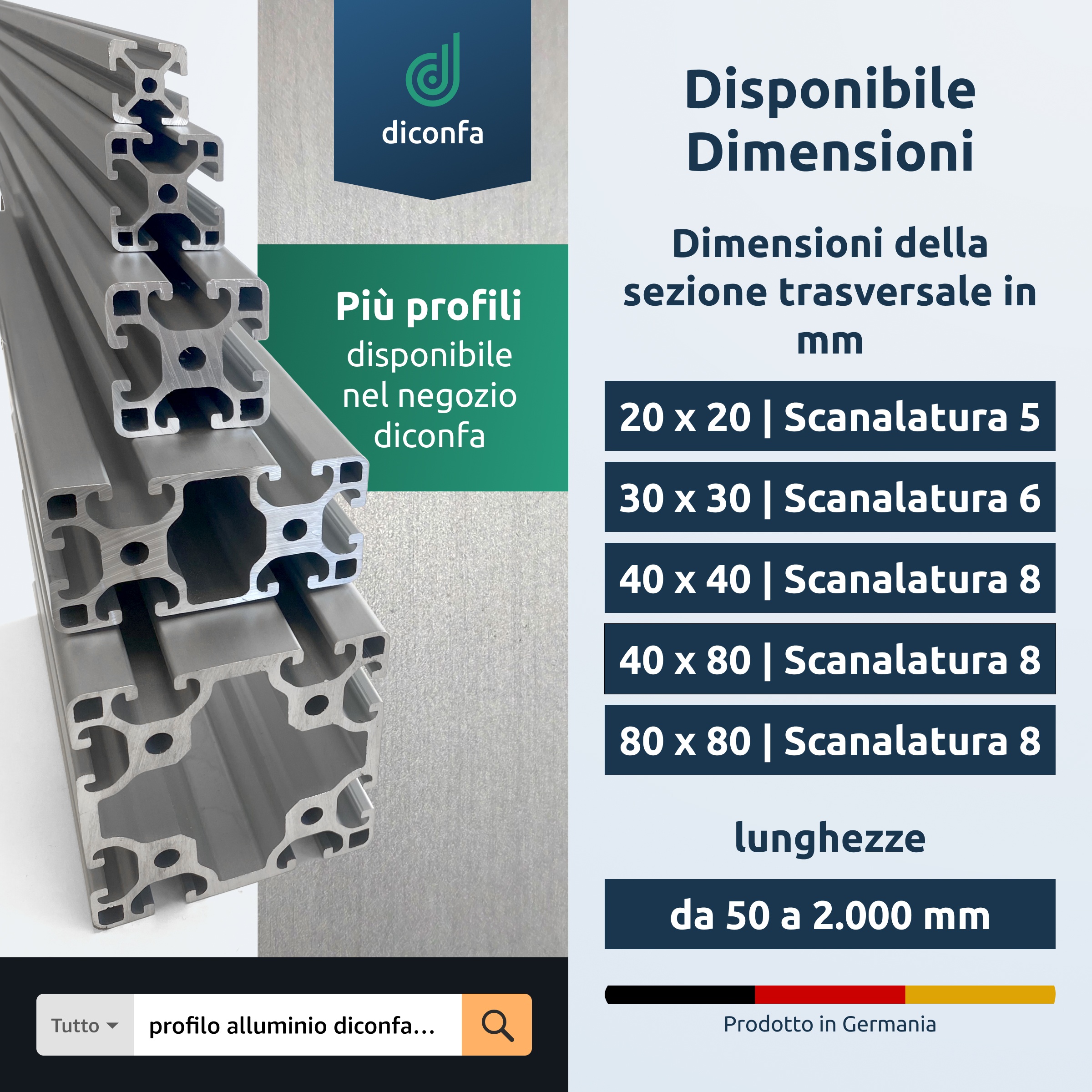 Profilo in alluminio su misura in diverse dimensioni