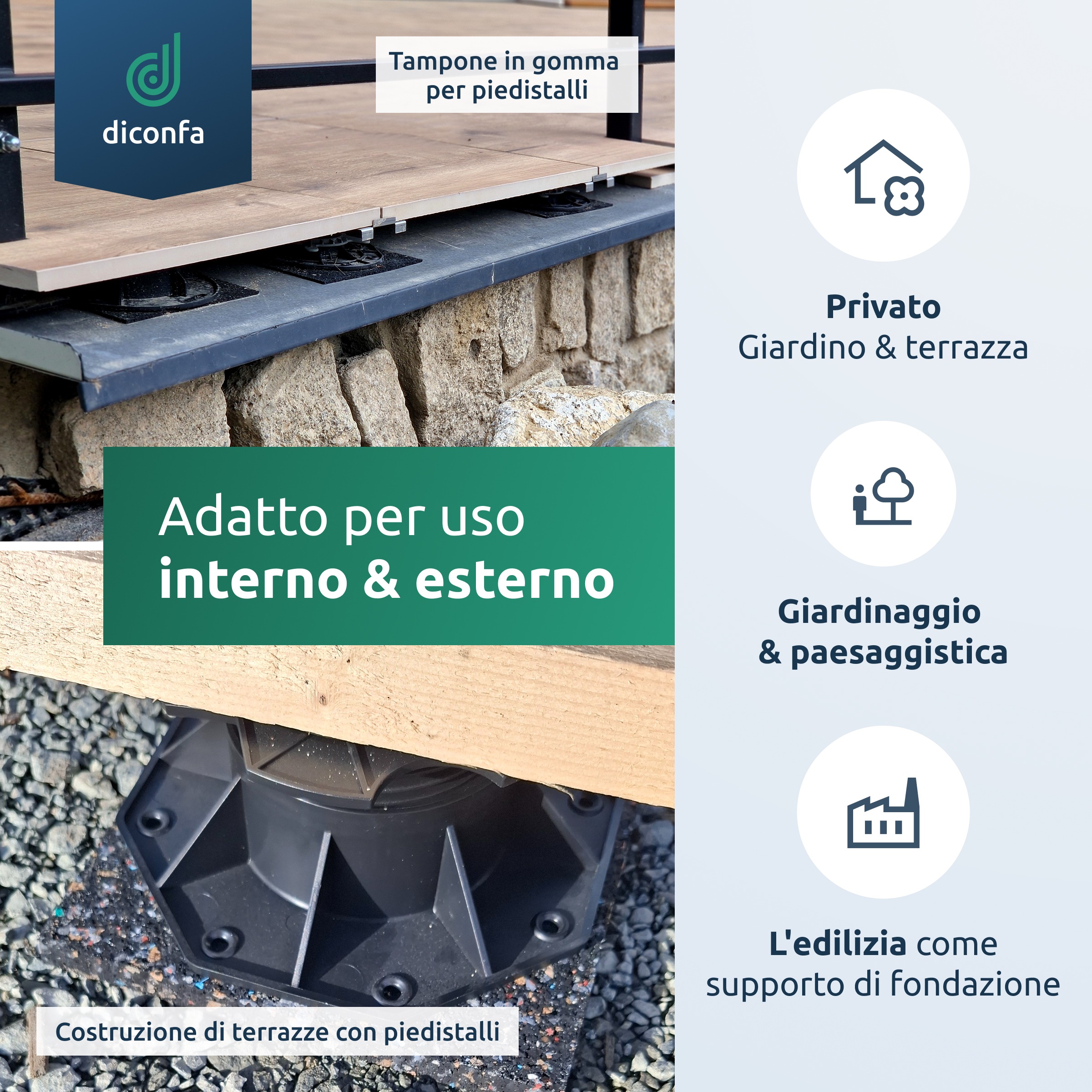 Cuscinetti per terrazze in granulato di gomma 160 x 160 mm