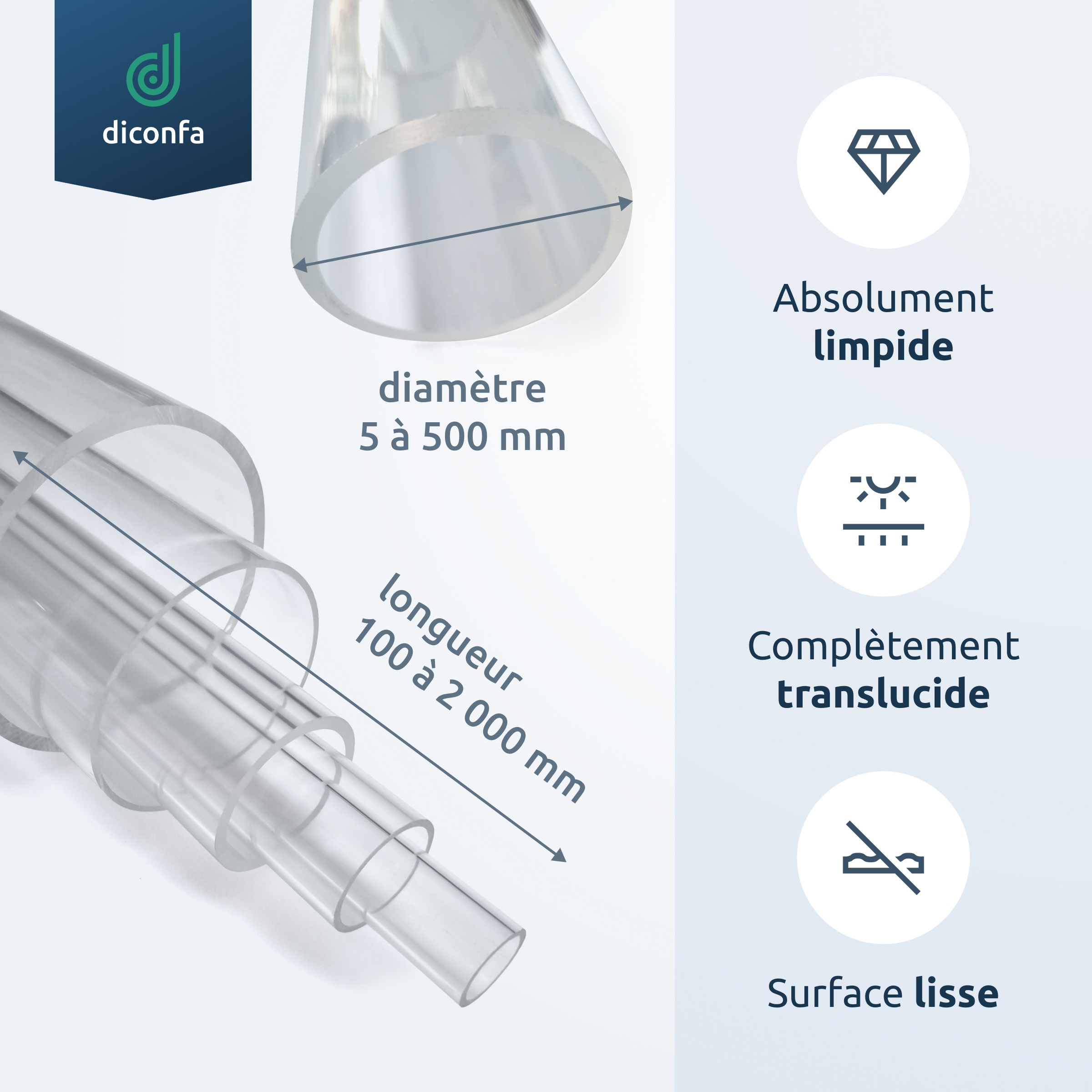Tuyau en plastique acrylique diconfa transparent sur mesure