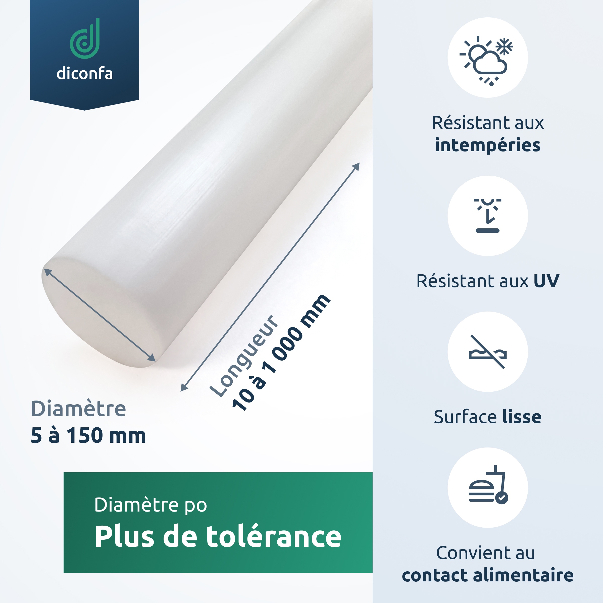 diconfa barre ronde en PTFE Téflon)sur mesure